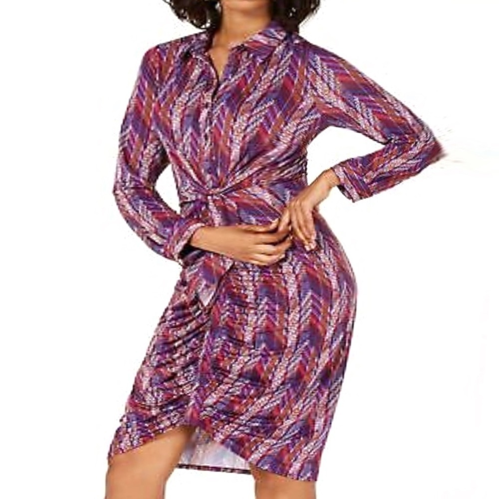 Ny Collection Button Front Closures Long Sleeves Dress in Plari